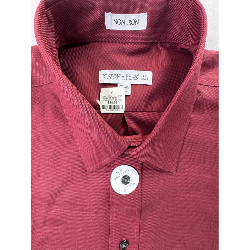 Joseph & Feiss Mens Dress Shirt 18 32/33 Burgundy Red Non Iron Cotton NWT Snags